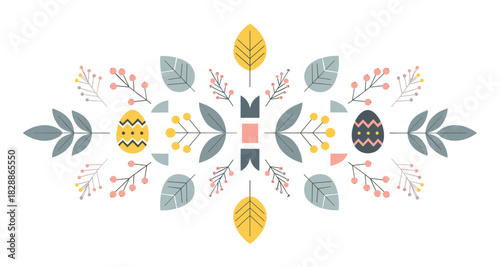 Symmetrical easter floral ornament with decorated eggs, stylized leaves, and berries arranged in a modern flat design composition for a festive spring holiday celebration