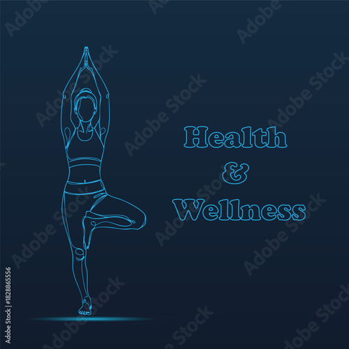Neon blue line art of a woman in Tree Pose (Vrikshasana) for health and wellness concepts.