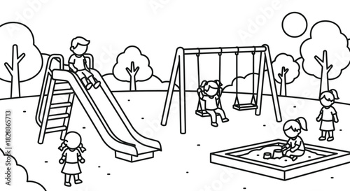 Children Playing at Playground Black and White Illustration