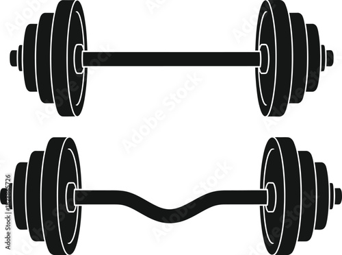 Collection of gym equipment icons featuring a straight barbell and an EZ curl bar with weights for heavy lifting and fitness training