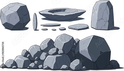 Diverse grey stones and rocks illustration individual pieces, hollowed basin, and a large pile. Perfect for game design and landscape projects