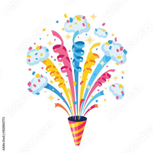 A colorful digital illustration of a party popper with ribbons, confetti, and stars on a white background. Perfect for celebrations, birthday greetings, and festive invitations.