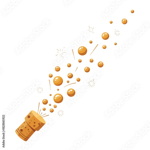 Digital illustration of a champagne bottle exploding with golden bubbles and confetti on a white background. Perfect for celebrations, New Year's Eve, and party invitations.