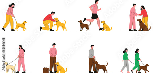 People and Dogs Interaction Flat Vector Set Illustrating Activities like Walking, Jogging, Petting, and Standing Together, Highlighting the Companion Pet Lifestyle.