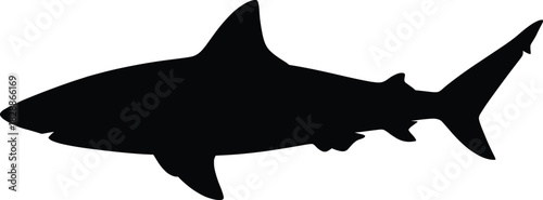 Silhouette of a shark in profile view with dorsal and tail fins for marine life and design themes