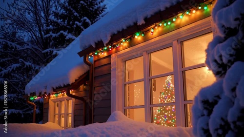 Cozy snowy cabin with festive lights and glowing christmas tree at dusk