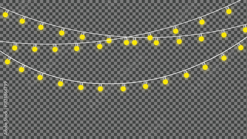 Twinkling fairy lights glow in soft amber. Golden garland loops around festive corner. Warm bulbs dangle on celebration wire. Holiday sparkle brightens the dark scene