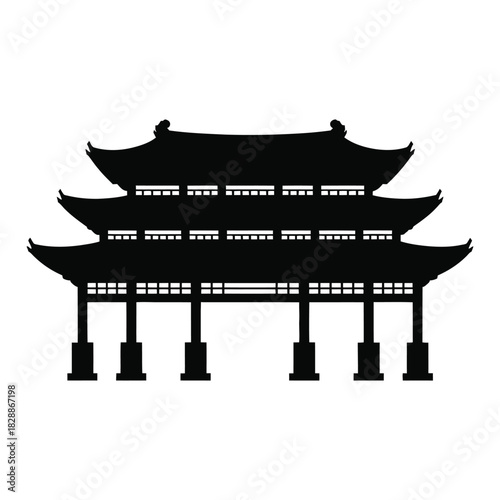 Black silhouette of a traditional multitiered chinese pagoda or temple gate structure isolated on white background