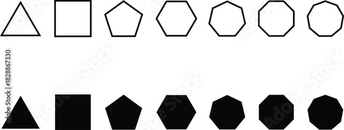 Simple Geometric Polygon Shape Icon Set with sharp and rounded corner, outline and solid style. Vector geometry pentagonal, hexagonal, octagonal polygon. Five, six, seven or eight sided polygon. isola