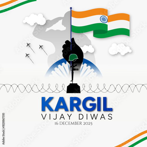 Kargil Vijay Diwas Banner and Greeting Card. 26th July - Kargil Victory Day Celebration with Text and Solder Kneeling Vector Illustration