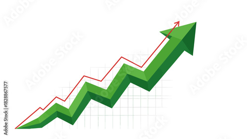 Green arrow graph shows upward trend in financial growth and progress