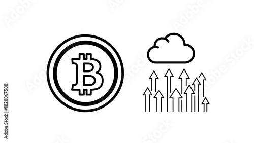 Digital currency symbol alongside upward arrows and cloud representing financial growth and investment