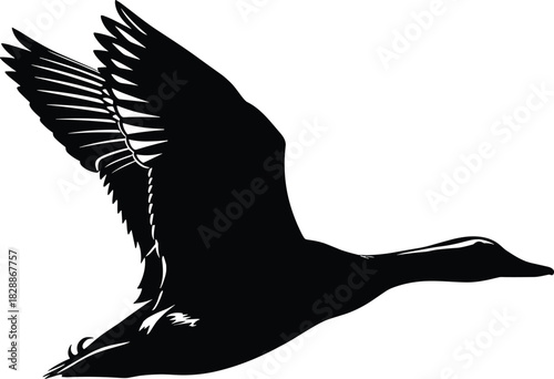 Flying Duck Silhouette Vector Illustration, Wildfowl Migrating Bird Hunting Decoy Graphic, Minimalist Black and White Waterfowl Avian Design
