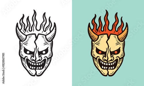 A split demon mask with horns and flaming hair, illustrated with bold lines for a fierce and dramatic look