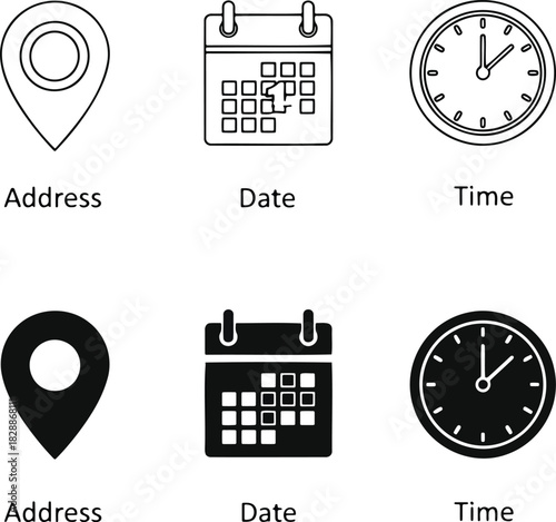 Location, date and time icons, both outline and solid fill styles