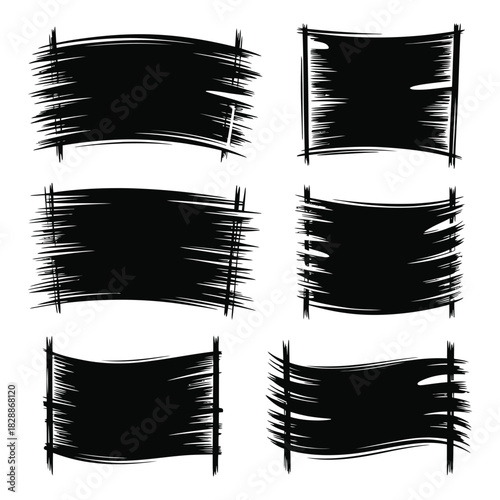 Set of six black grunge brush stroke banner frames for text or design element isolated on white background