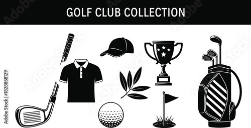 Golf club collection vector illustration set with equipment silhouettes like bag ball trophy shirt cap and flag isolated on white background