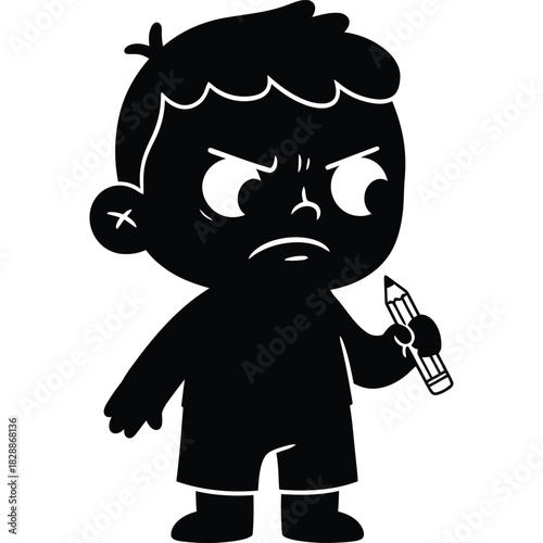 Angry cartoon boy holding a pencil in black and white illustration child drawing character cute design
