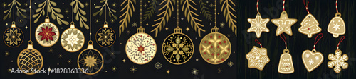 Elegant christmas ornaments and gingerbread cookies hanging against a dark background with gold accents