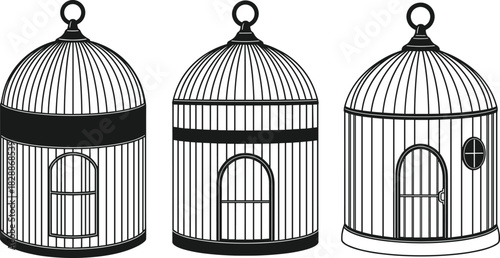 Black and white vector illustration set of three antique bird cages with domed tops and different barred door designs, representing home decoration, pet keeping, confinement, and vintage art on white.