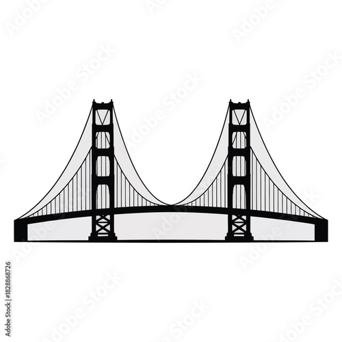 Stylized black and white silhouette illustration of the iconic golden gate suspension bridge isolated on white background