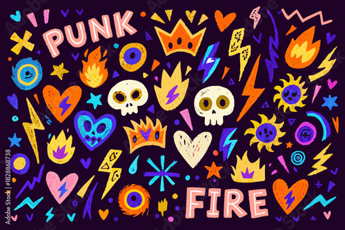 Colorful punk rock illustration featuring skulls hearts and fire elements