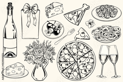 A delightful sketch featuring wine cheese pizza and floral arrangements