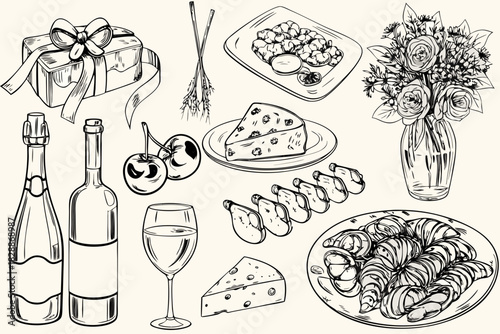 A delightful sketch of celebratory food and drink including cake wine and flowers