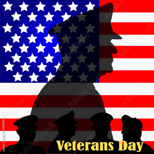 Military Veterans Silhouette Over a Waving American Flag in a Patriotic Veterans Day Tribute Artwork