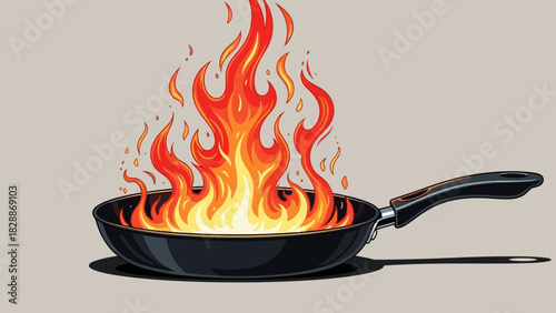 Frying Pan on Fire Illustration – Kitchen Cooking Flame Accident Hazard Concept