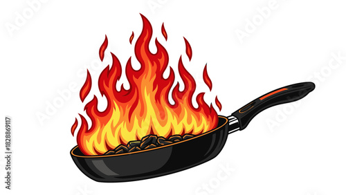 Frying Pan on Fire Illustration – Kitchen Cooking Flame Accident Hazard Concept