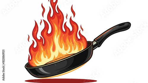 Frying Pan on Fire Illustration – Kitchen Cooking Flame Accident Hazard Concept