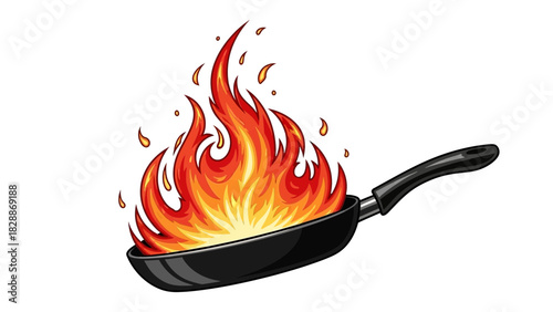 Frying Pan on Fire Illustration – Kitchen Cooking Flame Accident Hazard Concept