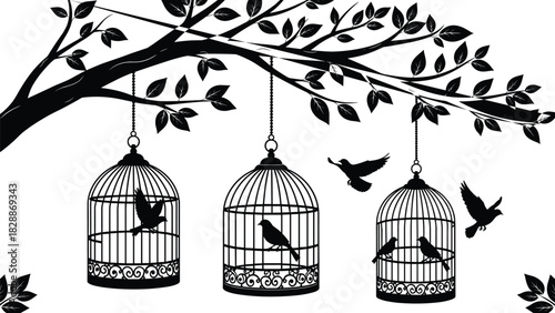 Black silhouette of three vintage birdcages hanging from a tree branch, featuring perching and flying birds, symbolizing confinement, nature, liberty, and the environment vector illustration on white