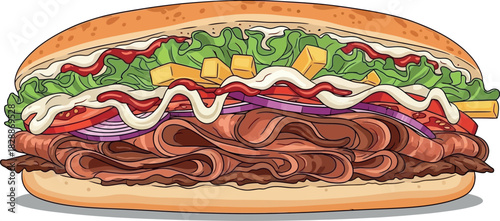 Illustration of a doner sandwich with onions, tomatoes and green salad, isolated on white background