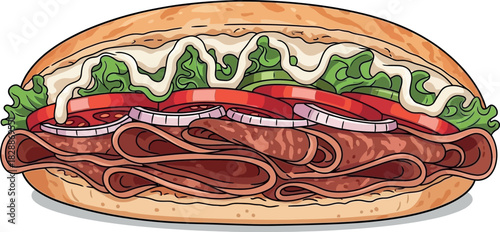 Illustration of a doner sandwich with onions, tomatoes and green salad, isolated on white background