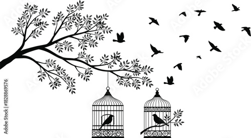 Black silhouette vector graphic of two ornate birdcages hanging from a leafy tree branch with a flock of birds flying away, symbolizing freedom, nature, escape, and vintage home decor on white
