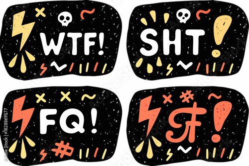 Four doodle style patches with rude words and chaotic graphic elements