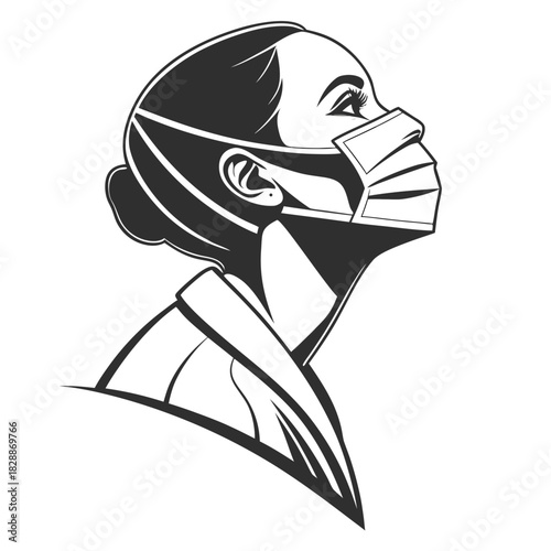 Monochrome portrait of a woman wearing a medical mask looking up