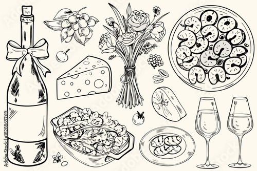 A charming sketch depicts a delightful picnic arrangement with food and wine