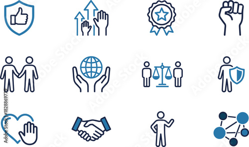 Corporate Social Responsibility Business Core Values Icon Set, ESG Principles, Ethics, Integrity, Sustainability, Diversity, Partnership, Community, Equality, Trust, Transparency, Leadership