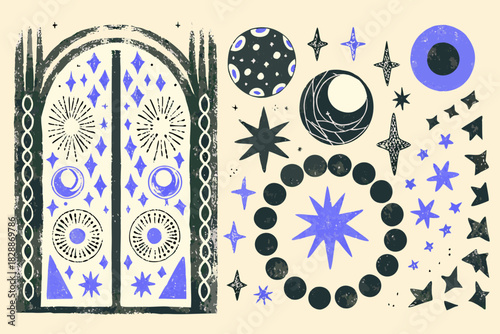 An illustrated arrangement of celestial shapes and a stylized arched doorway