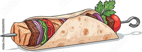 Illustration of a shish kebab wrapped in lavash bread, isolated on white background
