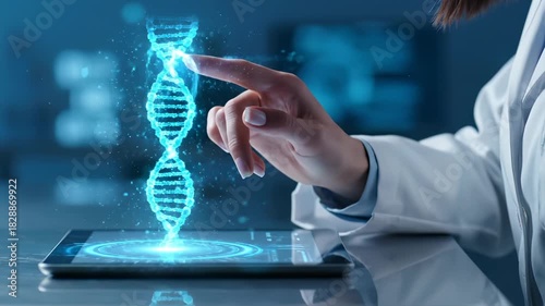 Scientist touches DNA hologram on tablet displaying genetic data. Doctor analyzes DNA structure with digital technology. Scientist studies hologram genome on tablet. Medical research with DNA