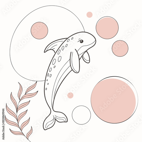 Cute beluga whale with bubbles and seaweed