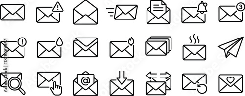 Email Envelope Icon Collection Set Communication Mail Message Alert Notification Send Receive Open Magnifying Glass Click Refresh Heart Flame Water Drop Paper Airplane Digital Marketing