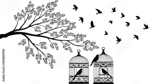 Black silhouette vector graphic showing a tree branch, two ornate birdcages, and a large flock of birds flying away, symbolizing freedom, nature, escape, liberty, and release against a white 