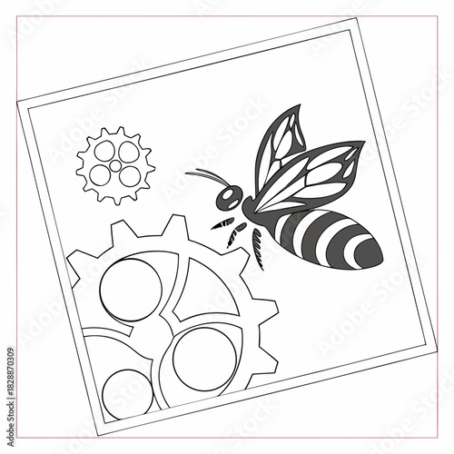 Bee flying near gears in a steampunk design