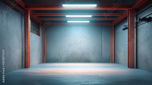 Spacious industrial interior with concrete walls and bright ceiling lights creating a modern and clean environment perfect for creative projects