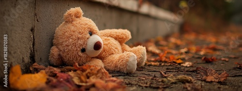 Sadness Symbolized by a Teddy Bear Lying on the Ground Surrounded by Autumn Leaves in a Melancholic Setting